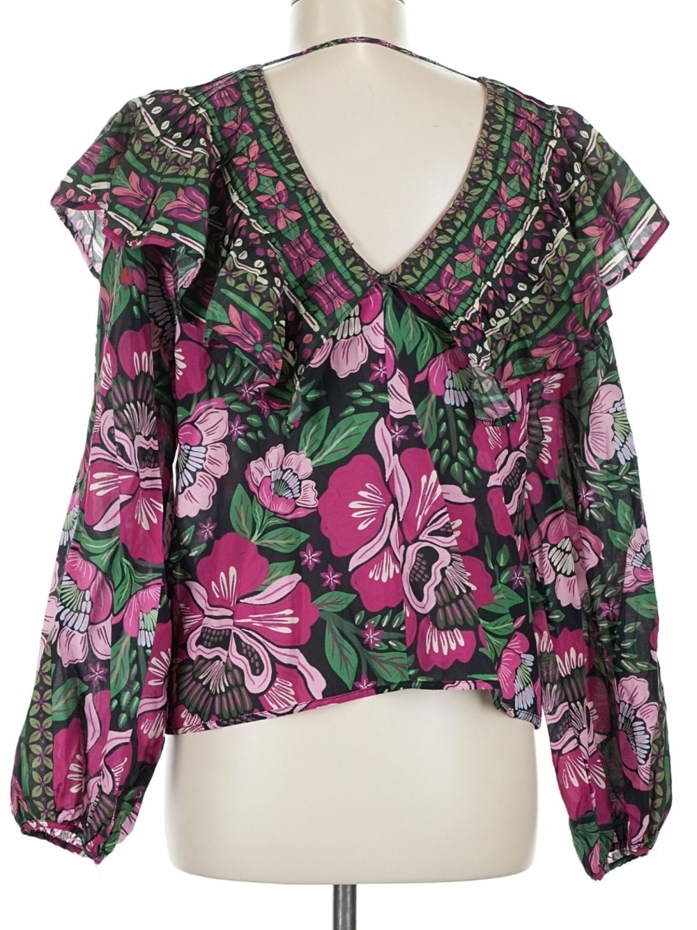FARM Rio "Black Gardens Whimsical Floral" Long Sleeve Blouse - Picture 3 of 8